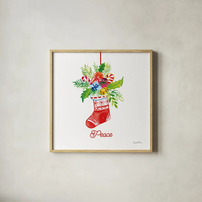 Holiday Stocking by Farida Zaman. Shown in a natural wood glass frame for a timeless modern aesthetic. Available as an archival giclee rolled canvas, fine art paper, or poster print. SKU 76532a.