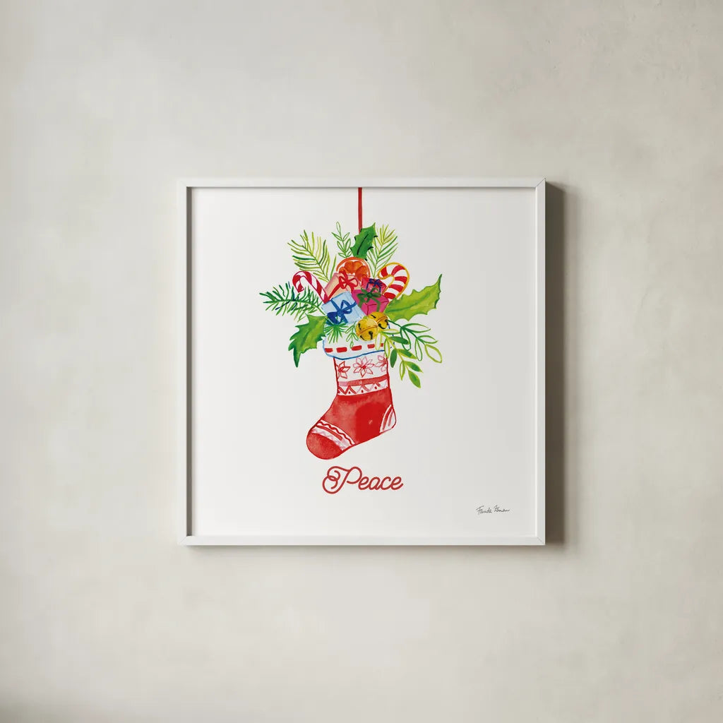 Holiday Stocking by Farida Zaman. Shown in a crisp white glass frame for a clean and minimalist style. Available as an archival giclee rolled canvas, fine art paper, or poster print. SKU 76532a.