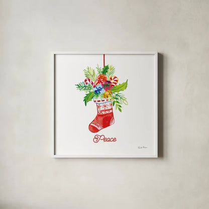Holiday Stocking by Farida Zaman. Shown in a crisp white glass frame for a clean and minimalist style. Available as an archival giclee rolled canvas, fine art paper, or poster print. SKU 76532a.