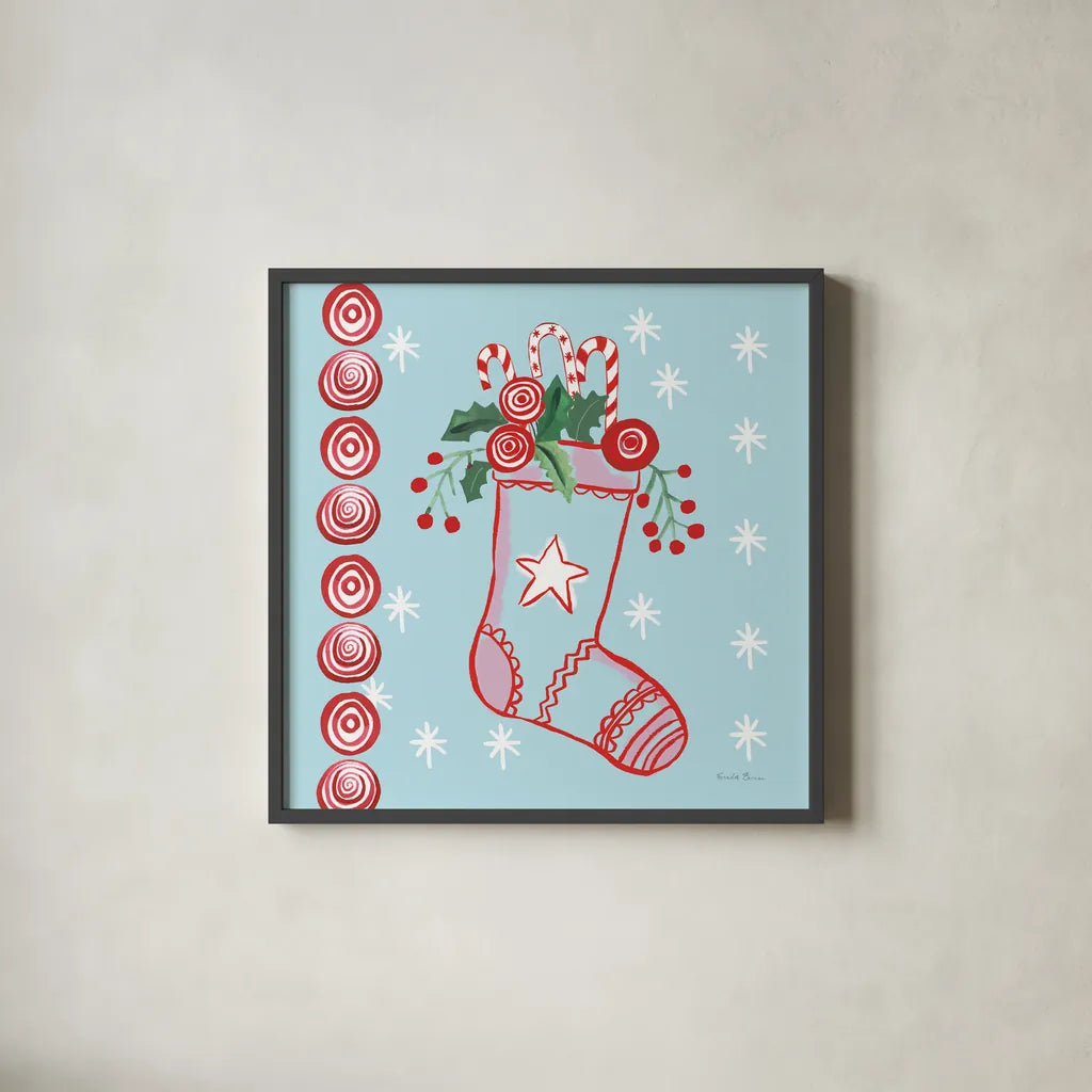 Holiday Treats I by Farida Zaman. Shown in a sleek black glass frame for a contemporary gallery look. Available as an archival giclee rolled canvas, fine art paper, or poster print. SKU 33051a.