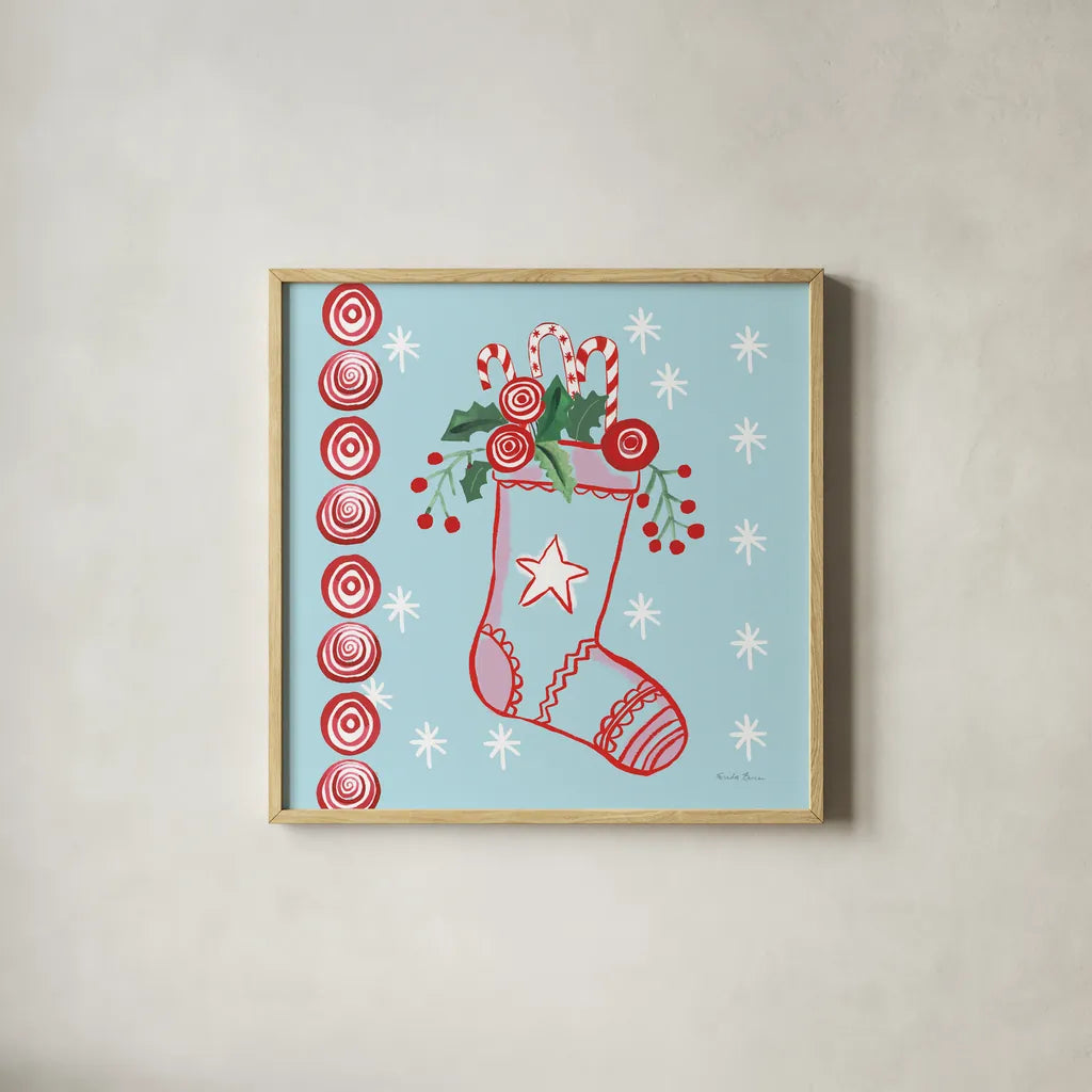 Holiday Treats I by Farida Zaman. Shown in a natural wood glass frame for a timeless modern aesthetic. Available as an archival giclee rolled canvas, fine art paper, or poster print. SKU 33051a.