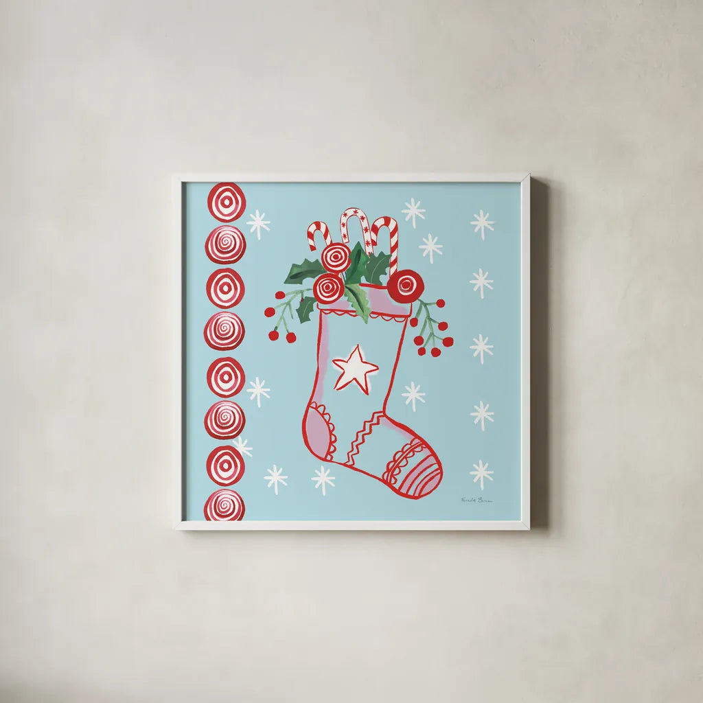 Holiday Treats I by Farida Zaman. Shown in a crisp white glass frame for a clean and minimalist style. Available as an archival giclee rolled canvas, fine art paper, or poster print. SKU 33051a.