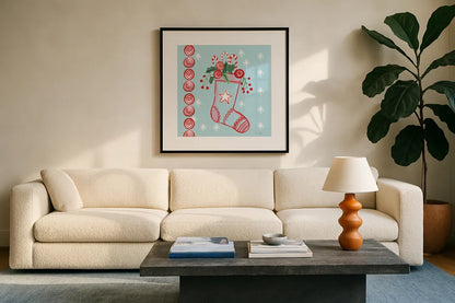Holiday Treats I by Farida Zaman. Displayed in a glass frame with matte in a clean modern living room. Available as an archival giclee rolled canvas, fine art paper, or poster print. SKU 33051a.
