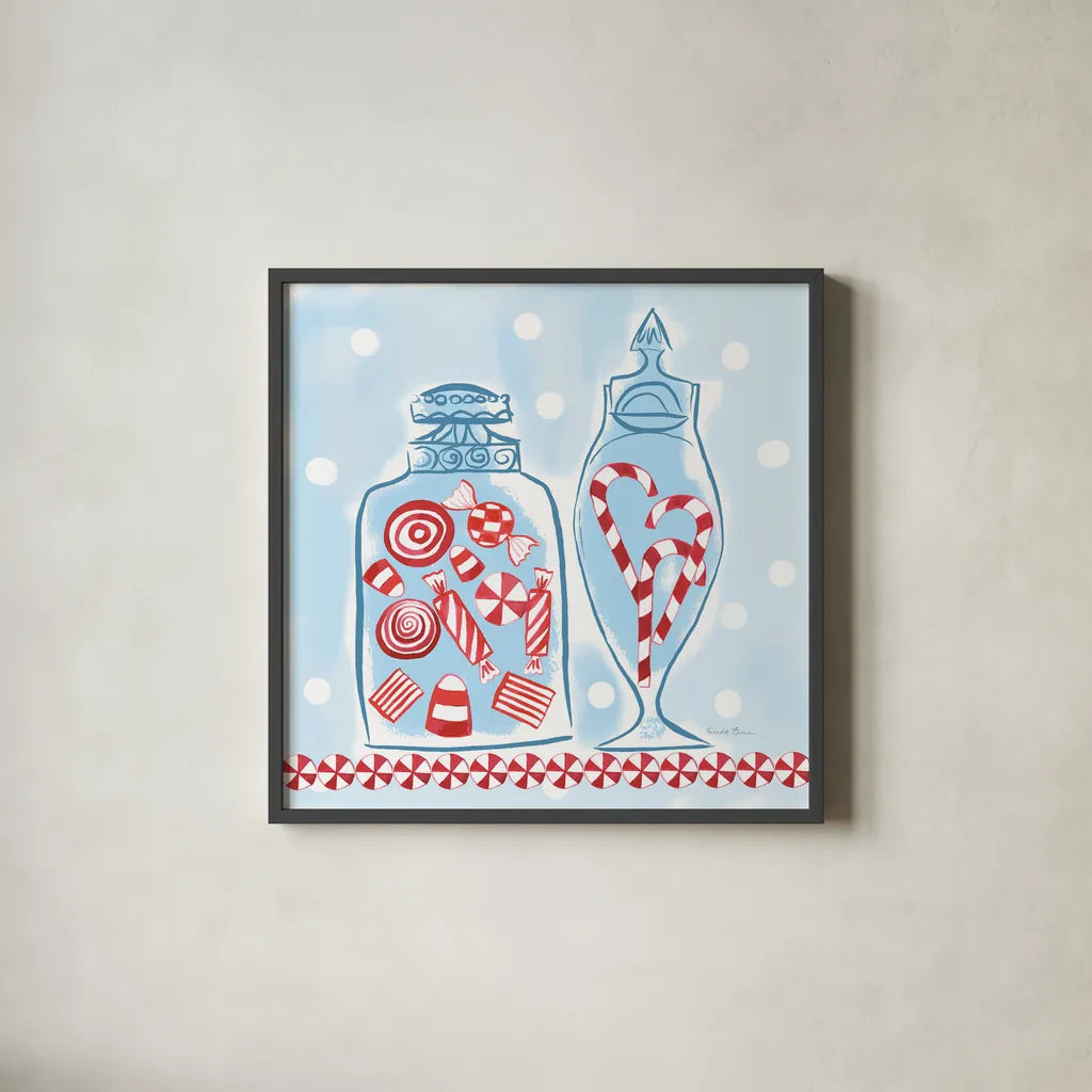 Holiday Treats II by Farida Zaman. Shown in a sleek black glass frame for a contemporary gallery look. Available as an archival giclee rolled canvas, fine art paper, or poster print. SKU 33052a.