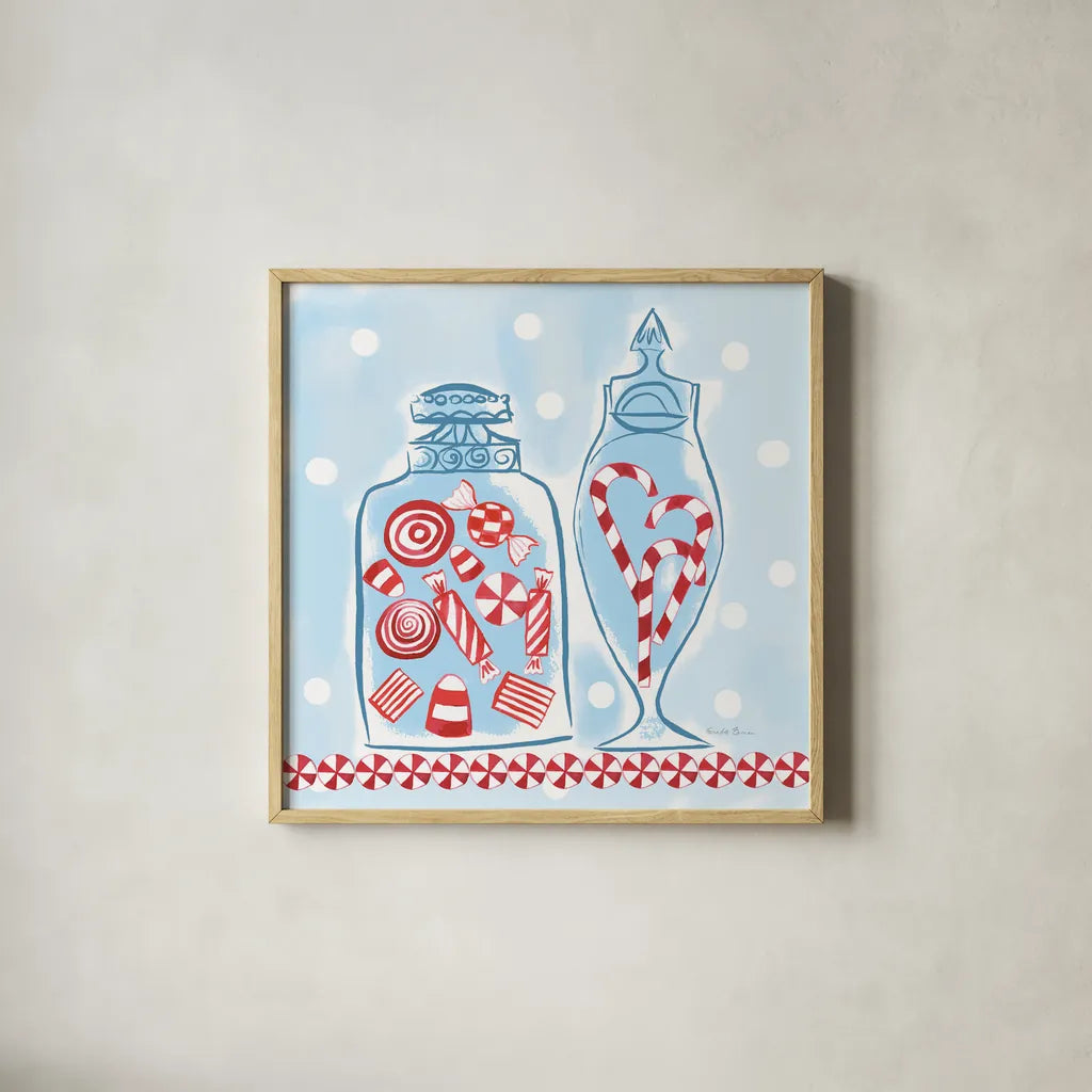 Holiday Treats II by Farida Zaman. Shown in a natural wood glass frame for a timeless modern aesthetic. Available as an archival giclee rolled canvas, fine art paper, or poster print. SKU 33052a.