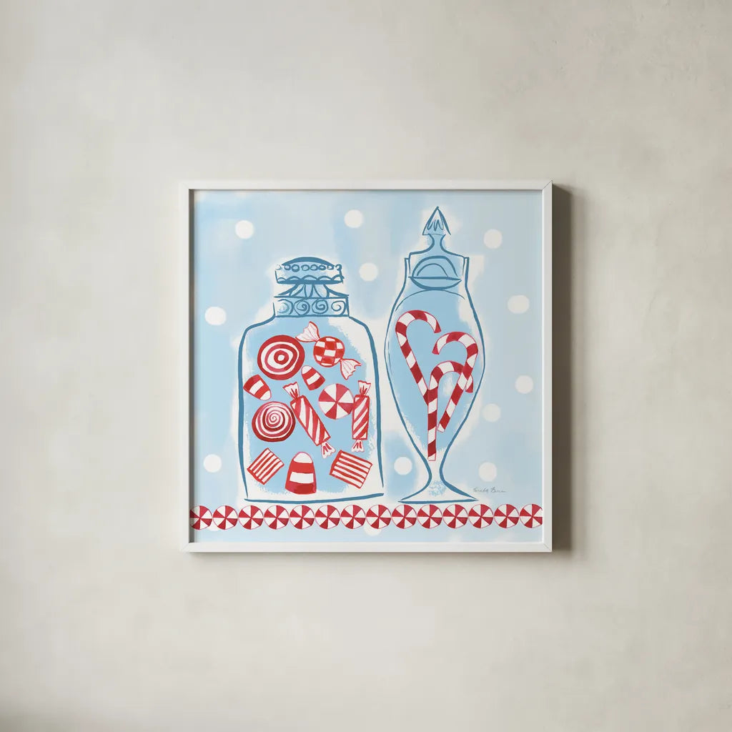 Holiday Treats II by Farida Zaman. Shown in a crisp white glass frame for a clean and minimalist style. Available as an archival giclee rolled canvas, fine art paper, or poster print. SKU 33052a.