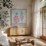 Holiday Treats II by Farida Zaman. Shown in a natural wood frame in a cozy modern living room. Available as an archival giclee rolled canvas, fine art paper, or poster print. SKU 33052a.