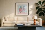 Holiday Treats II by Farida Zaman. Displayed in a glass frame with matte in a clean modern living room. Available as an archival giclee rolled canvas, fine art paper, or poster print. SKU 33052a.