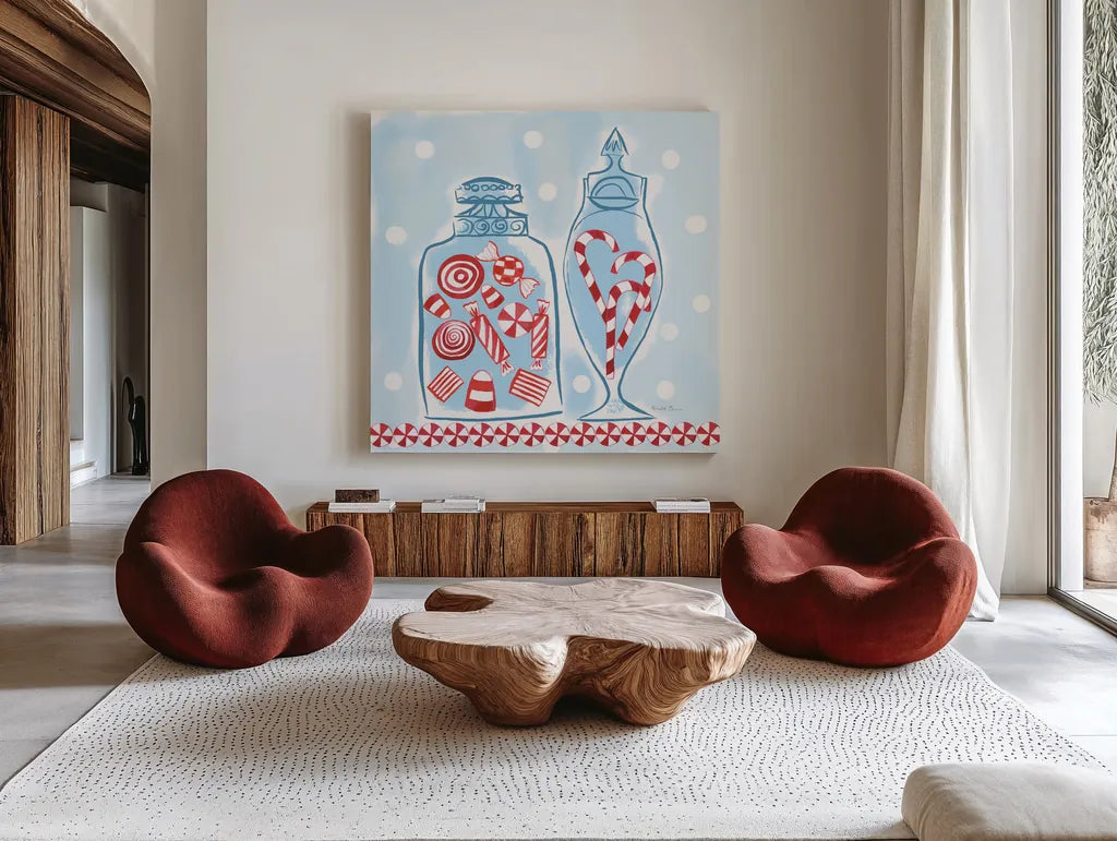 Holiday Treats II by Farida Zaman. Shown as extra-large giant wall art in a modern living room. Available as an archival giclee rolled canvas, fine art paper, or poster print. SKU 33052a.
