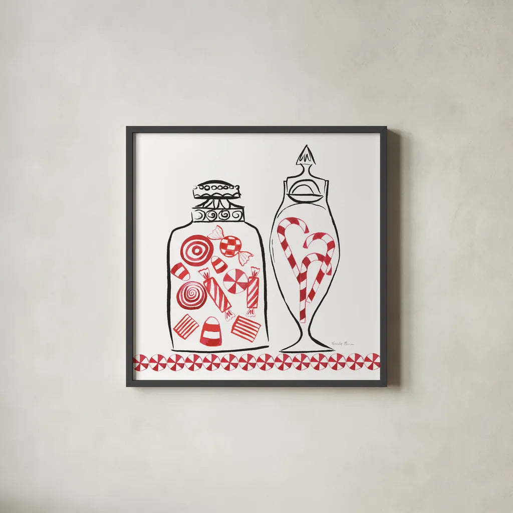Holiday Treats II BW by Farida Zaman. Shown in a sleek black glass frame for a contemporary gallery look. Available as an archival giclee rolled canvas, fine art paper, or poster print. SKU 58362a.