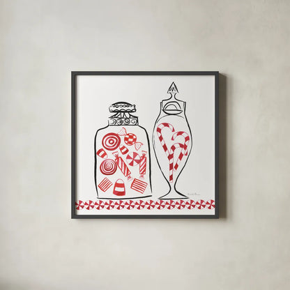 Holiday Treats II BW by Farida Zaman. Shown in a sleek black glass frame for a contemporary gallery look. Available as an archival giclee rolled canvas, fine art paper, or poster print. SKU 58362a.