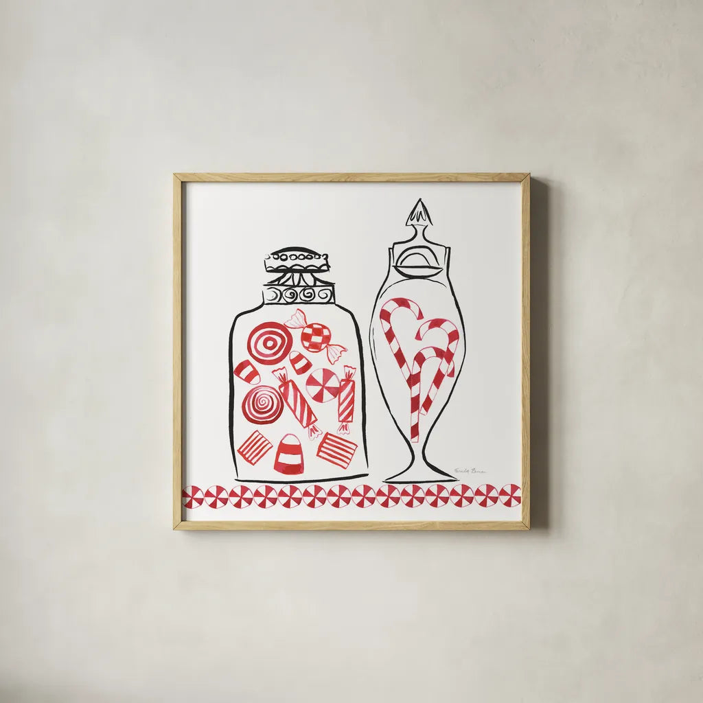 Holiday Treats II BW by Farida Zaman. Shown in a natural wood glass frame for a timeless modern aesthetic. Available as an archival giclee rolled canvas, fine art paper, or poster print. SKU 58362a.