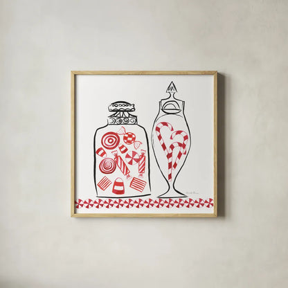 Holiday Treats II BW by Farida Zaman. Shown in a natural wood glass frame for a timeless modern aesthetic. Available as an archival giclee rolled canvas, fine art paper, or poster print. SKU 58362a.
