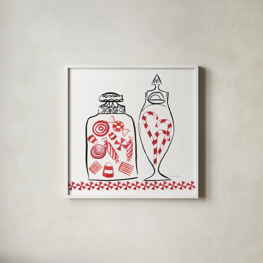Holiday Treats II BW by Farida Zaman. Shown in a crisp white glass frame for a clean and minimalist style. Available as an archival giclee rolled canvas, fine art paper, or poster print. SKU 58362a.
