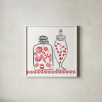 Holiday Treats II BW by Farida Zaman. Shown in a crisp white glass frame for a clean and minimalist style. Available as an archival giclee rolled canvas, fine art paper, or poster print. SKU 58362a.