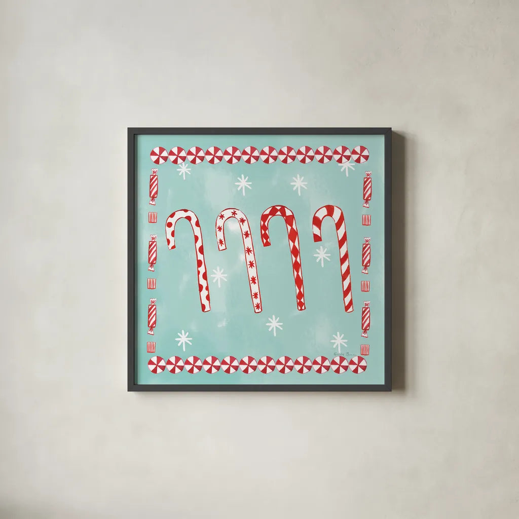 Holiday Treats III by Farida Zaman. Shown in a sleek black glass frame for a contemporary gallery look. Available as an archival giclee rolled canvas, fine art paper, or poster print. SKU 33053a.