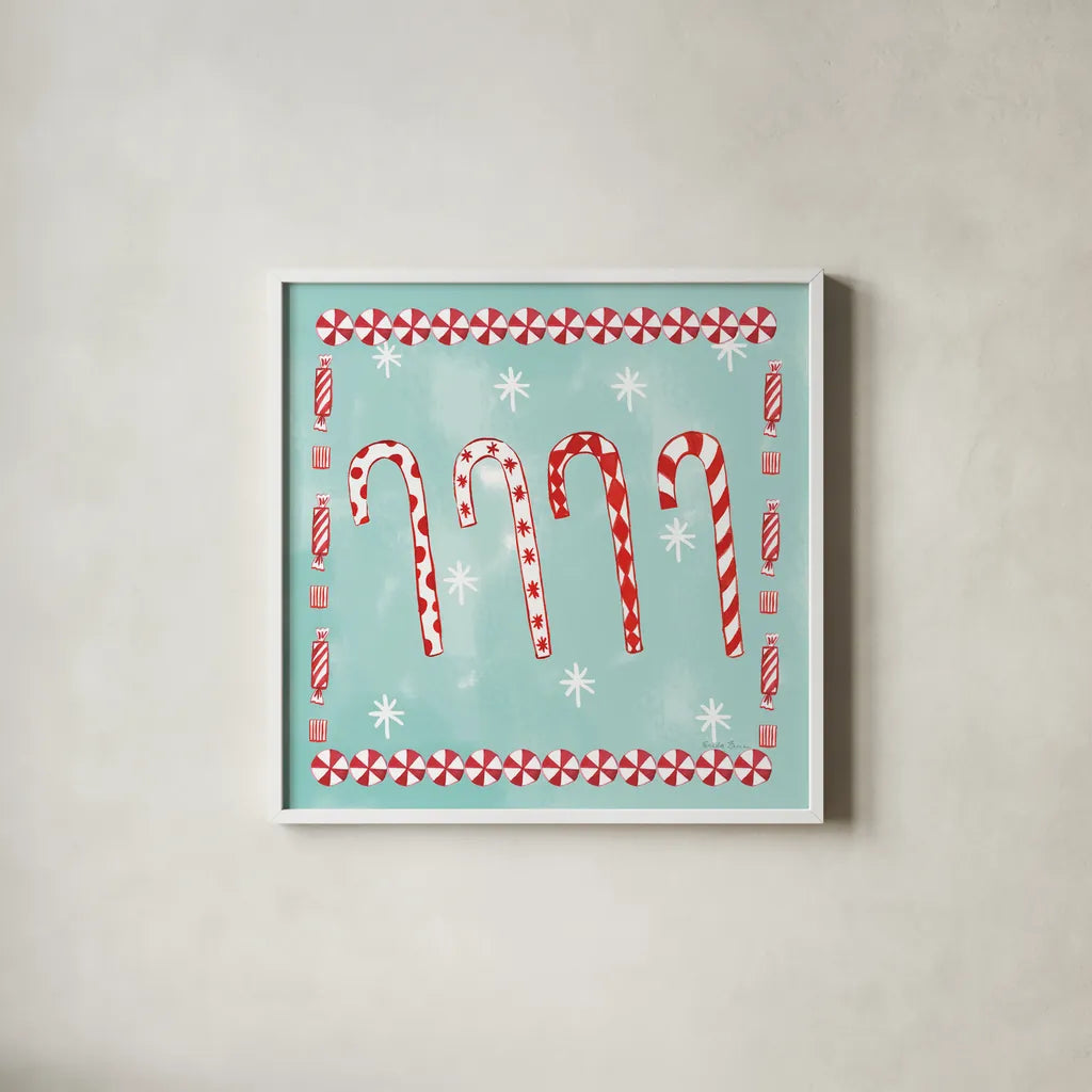 Holiday Treats III by Farida Zaman. Shown in a crisp white glass frame for a clean and minimalist style. Available as an archival giclee rolled canvas, fine art paper, or poster print. SKU 33053a.