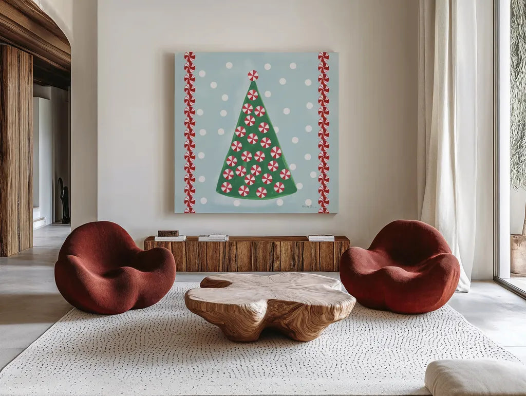 Holiday Treats IV by Farida Zaman. Shown as extra-large giant wall art in a modern living room. Available as an archival giclee rolled canvas, fine art paper, or poster print. SKU 33054a.