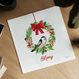 Holiday Wreath by Farida Zaman. Shown as a detailed flat fine art print, highlighting archival giclee quality. Available as an archival giclee rolled canvas, fine art paper, or poster print. SKU 76533a.