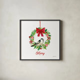 Holiday Wreath by Farida Zaman. Shown in a sleek black glass frame for a contemporary gallery look. Available as an archival giclee rolled canvas, fine art paper, or poster print. SKU 76533a.