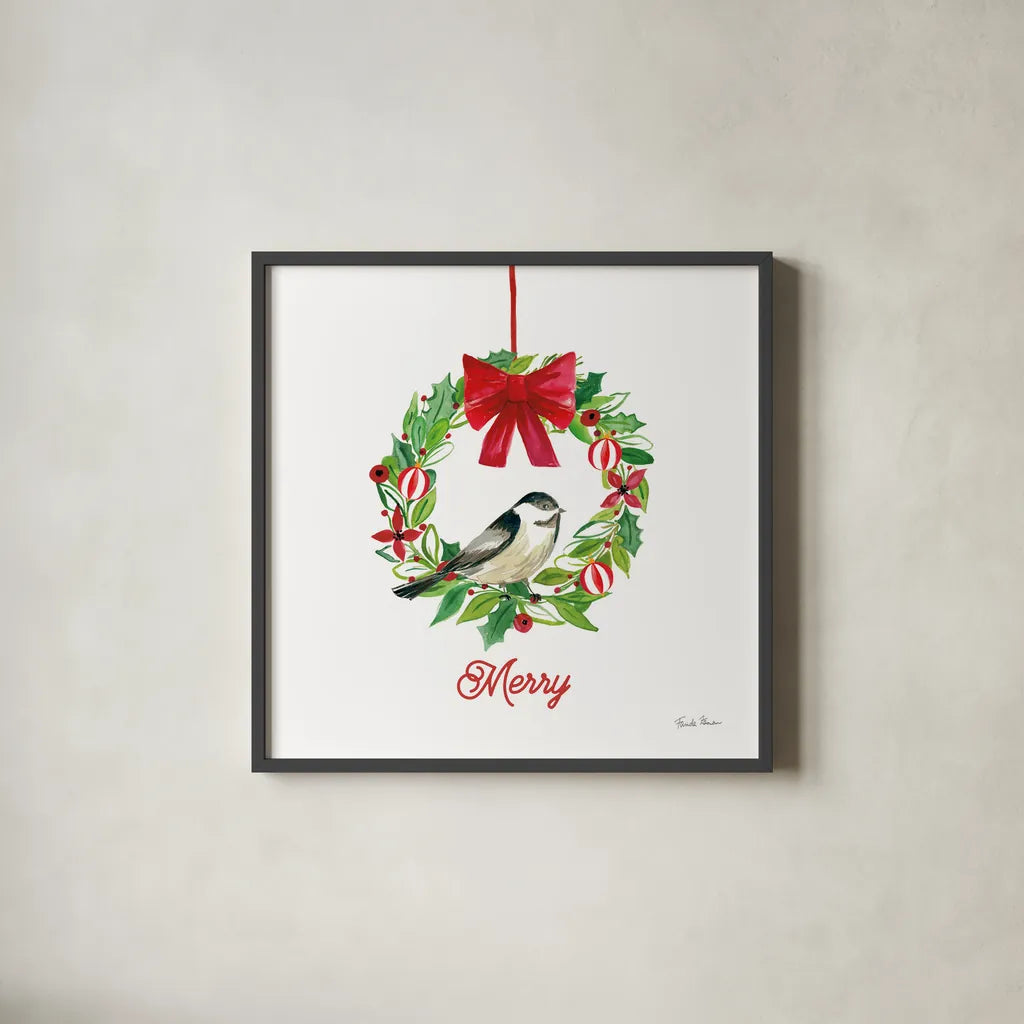 Holiday Wreath by Farida Zaman. Shown in a sleek black glass frame for a contemporary gallery look. Available as an archival giclee rolled canvas, fine art paper, or poster print. SKU 76533a.