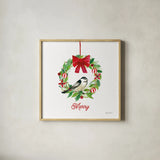Holiday Wreath by Farida Zaman. Shown in a natural wood glass frame for a timeless modern aesthetic. Available as an archival giclee rolled canvas, fine art paper, or poster print. SKU 76533a.