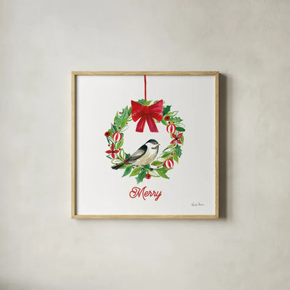 Holiday Wreath by Farida Zaman. Shown in a natural wood glass frame for a timeless modern aesthetic. Available as an archival giclee rolled canvas, fine art paper, or poster print. SKU 76533a.