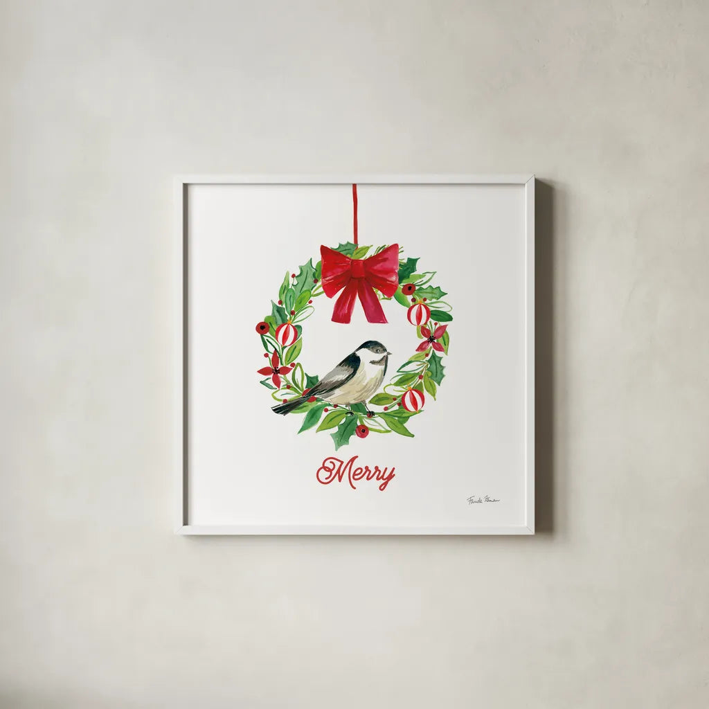 Holiday Wreath by Farida Zaman. Shown in a crisp white glass frame for a clean and minimalist style. Available as an archival giclee rolled canvas, fine art paper, or poster print. SKU 76533a.