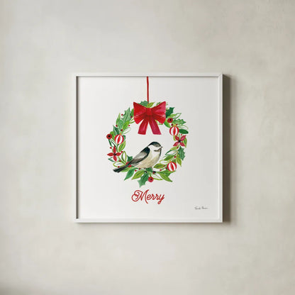 Holiday Wreath by Farida Zaman. Shown in a crisp white glass frame for a clean and minimalist style. Available as an archival giclee rolled canvas, fine art paper, or poster print. SKU 76533a.