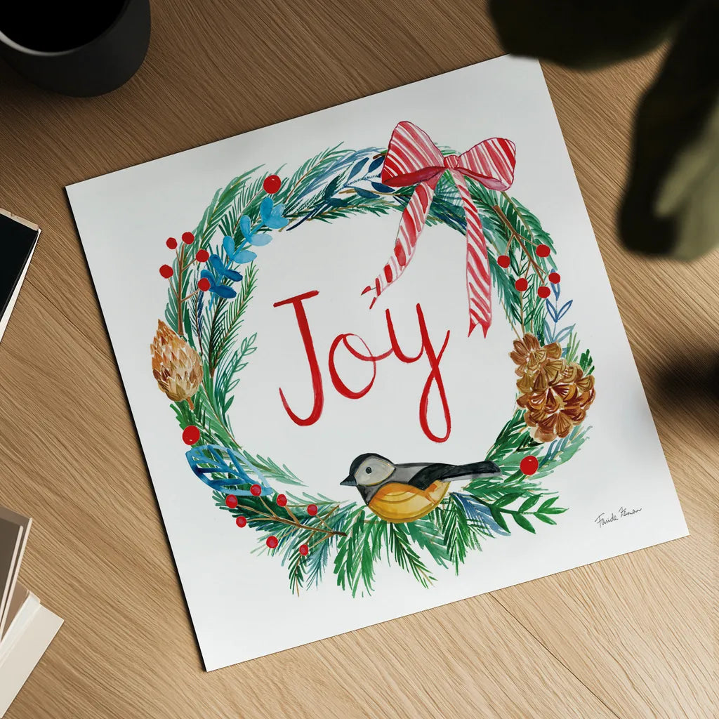 Holiday Wreath I by Farida Zaman. Shown as a detailed flat fine art print, highlighting archival giclee quality. Available as an archival giclee rolled canvas, fine art paper, or poster print. SKU 39790a.