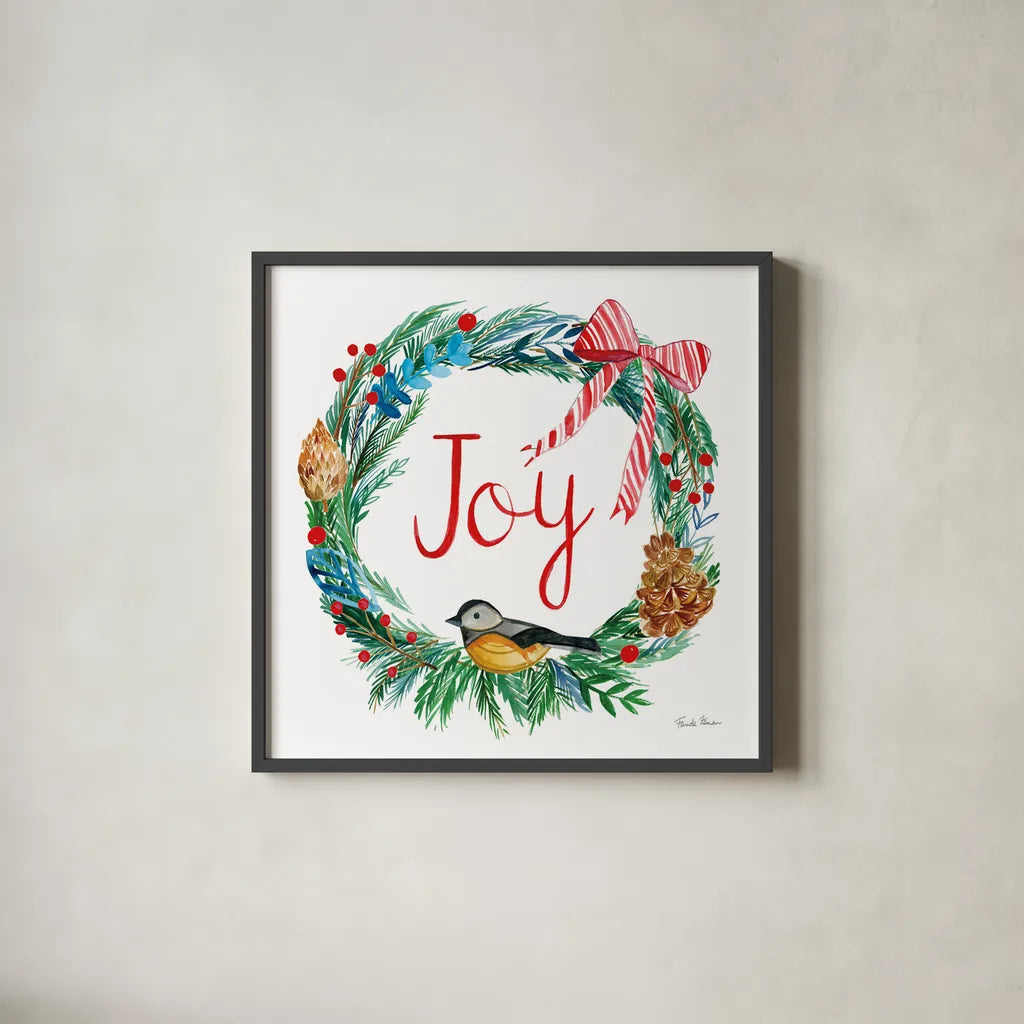 Holiday Wreath I by Farida Zaman. Shown in a sleek black glass frame for a contemporary gallery look. Available as an archival giclee rolled canvas, fine art paper, or poster print. SKU 39790a.