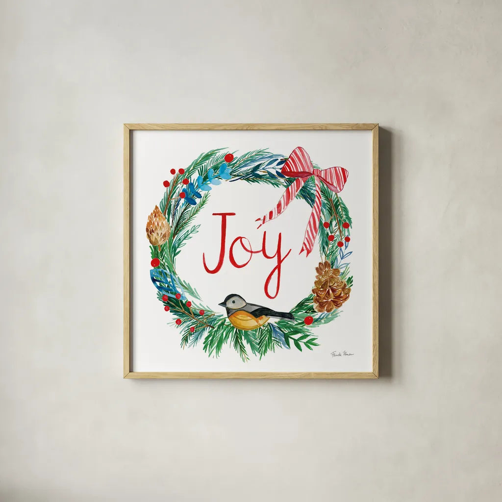 Holiday Wreath I by Farida Zaman. Shown in a natural wood glass frame for a timeless modern aesthetic. Available as an archival giclee rolled canvas, fine art paper, or poster print. SKU 39790a.