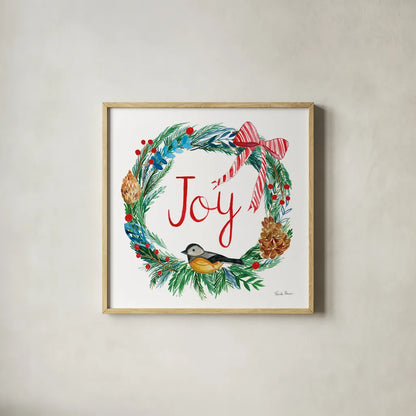 Holiday Wreath I by Farida Zaman. Shown in a natural wood glass frame for a timeless modern aesthetic. Available as an archival giclee rolled canvas, fine art paper, or poster print. SKU 39790a.