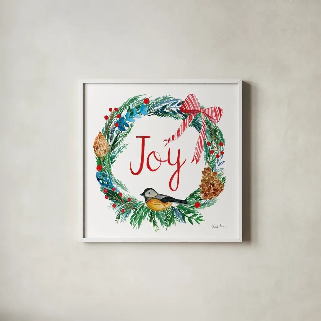 Holiday Wreath I by Farida Zaman. Shown in a crisp white glass frame for a clean and minimalist style. Available as an archival giclee rolled canvas, fine art paper, or poster print. SKU 39790a.