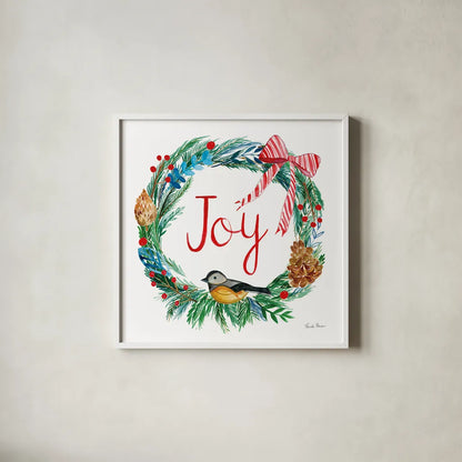 Holiday Wreath I by Farida Zaman. Shown in a crisp white glass frame for a clean and minimalist style. Available as an archival giclee rolled canvas, fine art paper, or poster print. SKU 39790a.