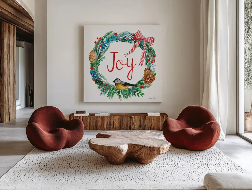 Holiday Wreath I by Farida Zaman. Shown as extra-large giant wall art in a modern living room. Available as an archival giclee rolled canvas, fine art paper, or poster print. SKU 39790a.