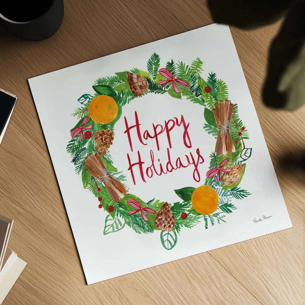 Holiday Wreath II by Farida Zaman. Shown as a detailed flat fine art print, highlighting archival giclee quality. Available as an archival giclee rolled canvas, fine art paper, or poster print. SKU 39791a.