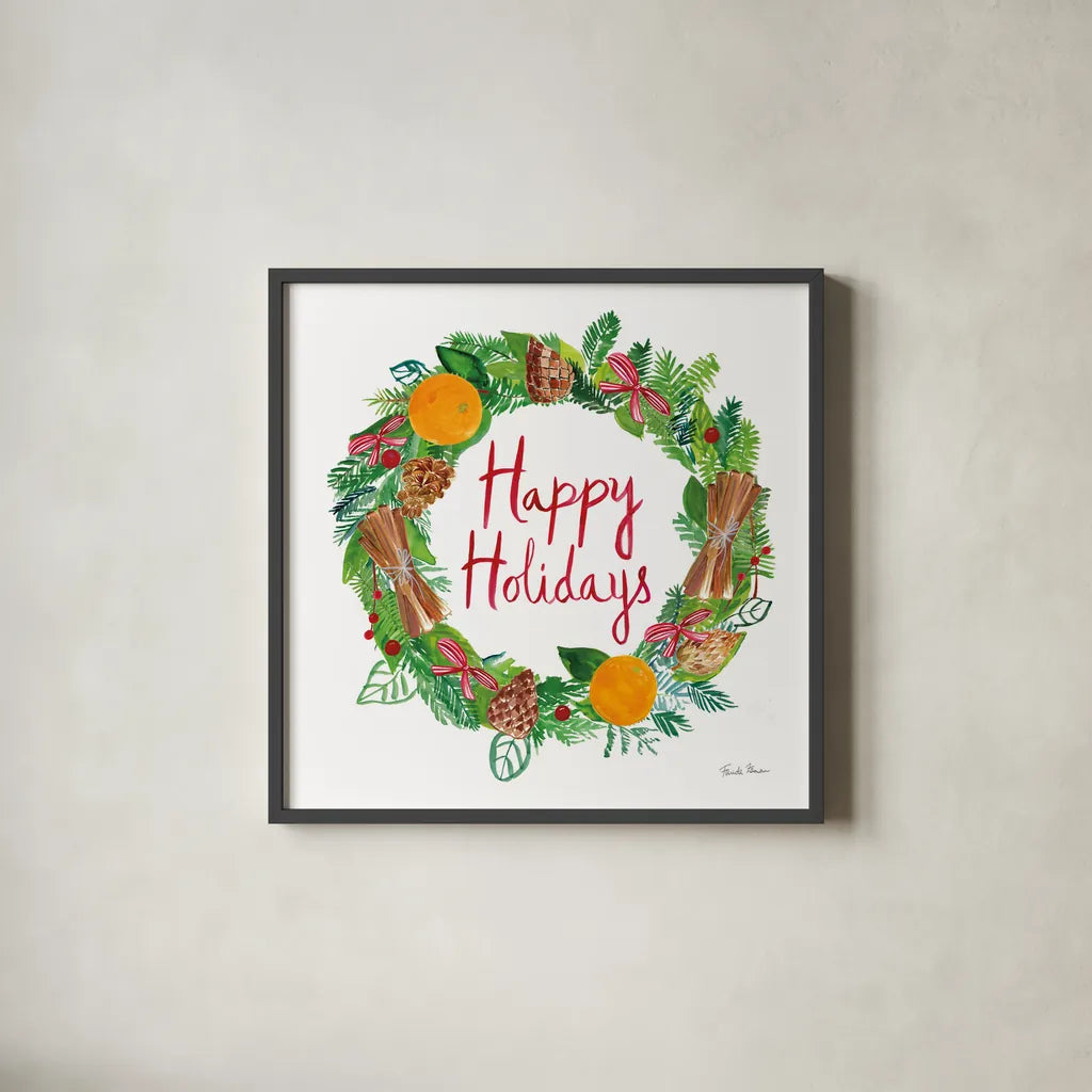 Holiday Wreath II by Farida Zaman. Shown in a sleek black glass frame for a contemporary gallery look. Available as an archival giclee rolled canvas, fine art paper, or poster print. SKU 39791a.