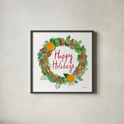 Holiday Wreath II by Farida Zaman. Shown in a sleek black glass frame for a contemporary gallery look. Available as an archival giclee rolled canvas, fine art paper, or poster print. SKU 39791a.