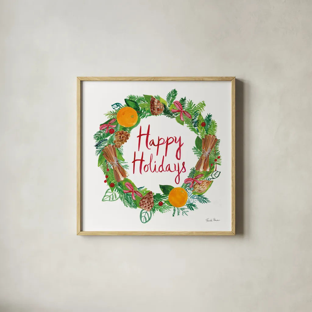 Holiday Wreath II by Farida Zaman. Shown in a natural wood glass frame for a timeless modern aesthetic. Available as an archival giclee rolled canvas, fine art paper, or poster print. SKU 39791a.