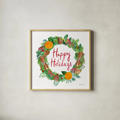 Holiday Wreath II by Farida Zaman. Shown in a natural wood glass frame for a timeless modern aesthetic. Available as an archival giclee rolled canvas, fine art paper, or poster print. SKU 39791a.