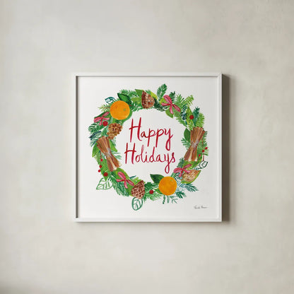 Holiday Wreath II by Farida Zaman. Shown in a crisp white glass frame for a clean and minimalist style. Available as an archival giclee rolled canvas, fine art paper, or poster print. SKU 39791a.