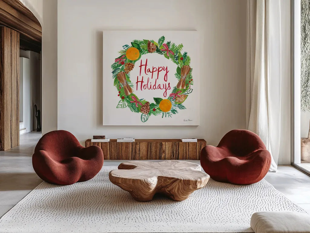 Holiday Wreath II by Farida Zaman. Shown as extra-large giant wall art in a modern living room. Available as an archival giclee rolled canvas, fine art paper, or poster print. SKU 39791a.