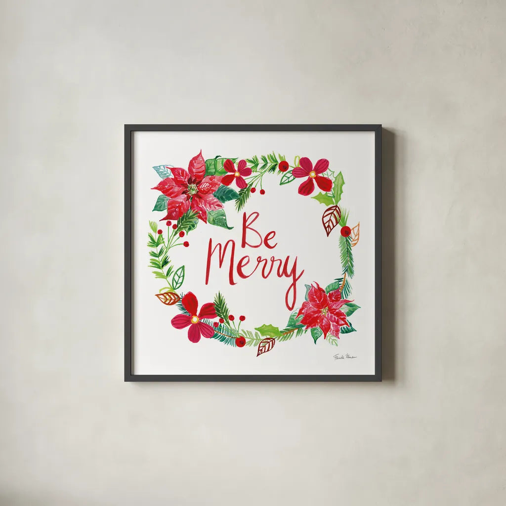 Holiday Wreath III by Farida Zaman. Shown in a sleek black glass frame for a contemporary gallery look. Available as an archival giclee rolled canvas, fine art paper, or poster print. SKU 39792a.