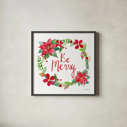 Holiday Wreath III by Farida Zaman. Shown in a sleek black glass frame for a contemporary gallery look. Available as an archival giclee rolled canvas, fine art paper, or poster print. SKU 39792a.