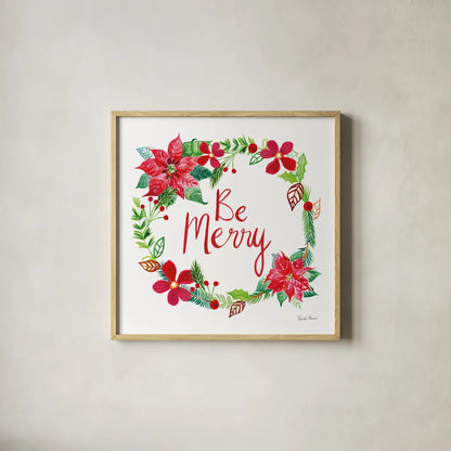 Holiday Wreath III by Farida Zaman. Shown in a natural wood glass frame for a timeless modern aesthetic. Available as an archival giclee rolled canvas, fine art paper, or poster print. SKU 39792a.