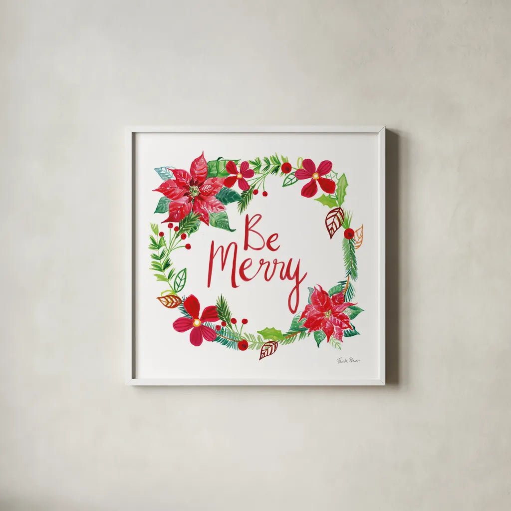 Holiday Wreath III by Farida Zaman. Shown in a crisp white glass frame for a clean and minimalist style. Available as an archival giclee rolled canvas, fine art paper, or poster print. SKU 39792a.