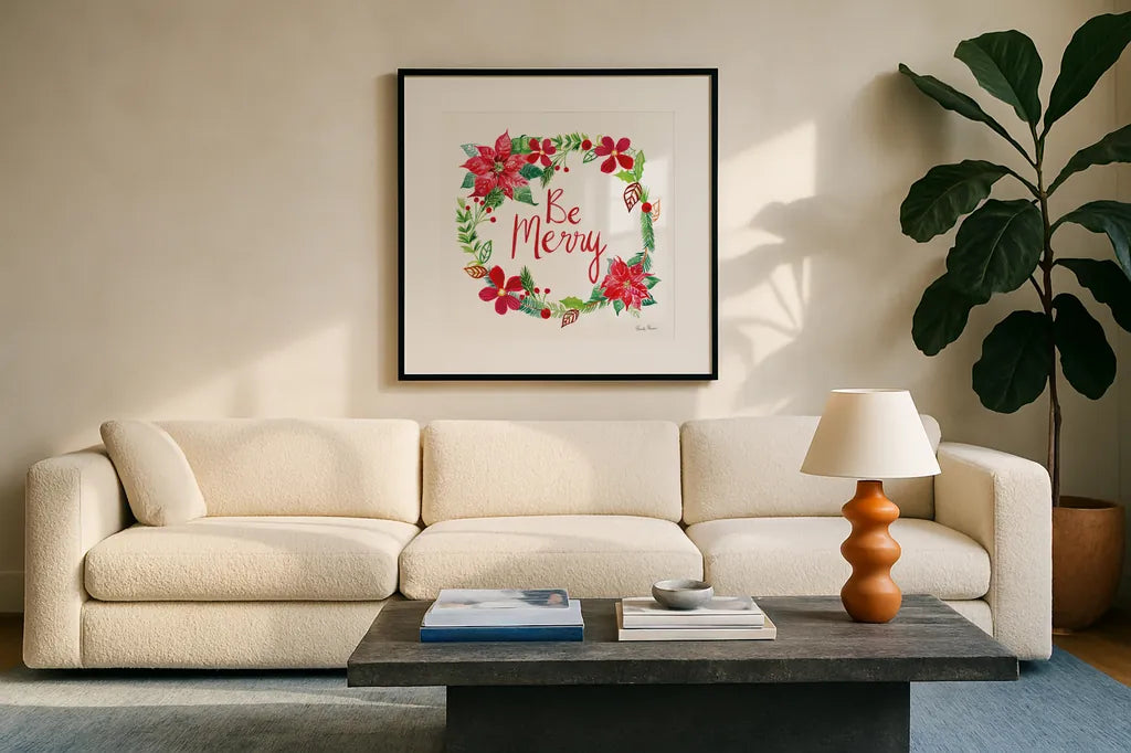 Holiday Wreath III by Farida Zaman. Displayed in a glass frame with matte in a clean modern living room. Available as an archival giclee rolled canvas, fine art paper, or poster print. SKU 39792a.