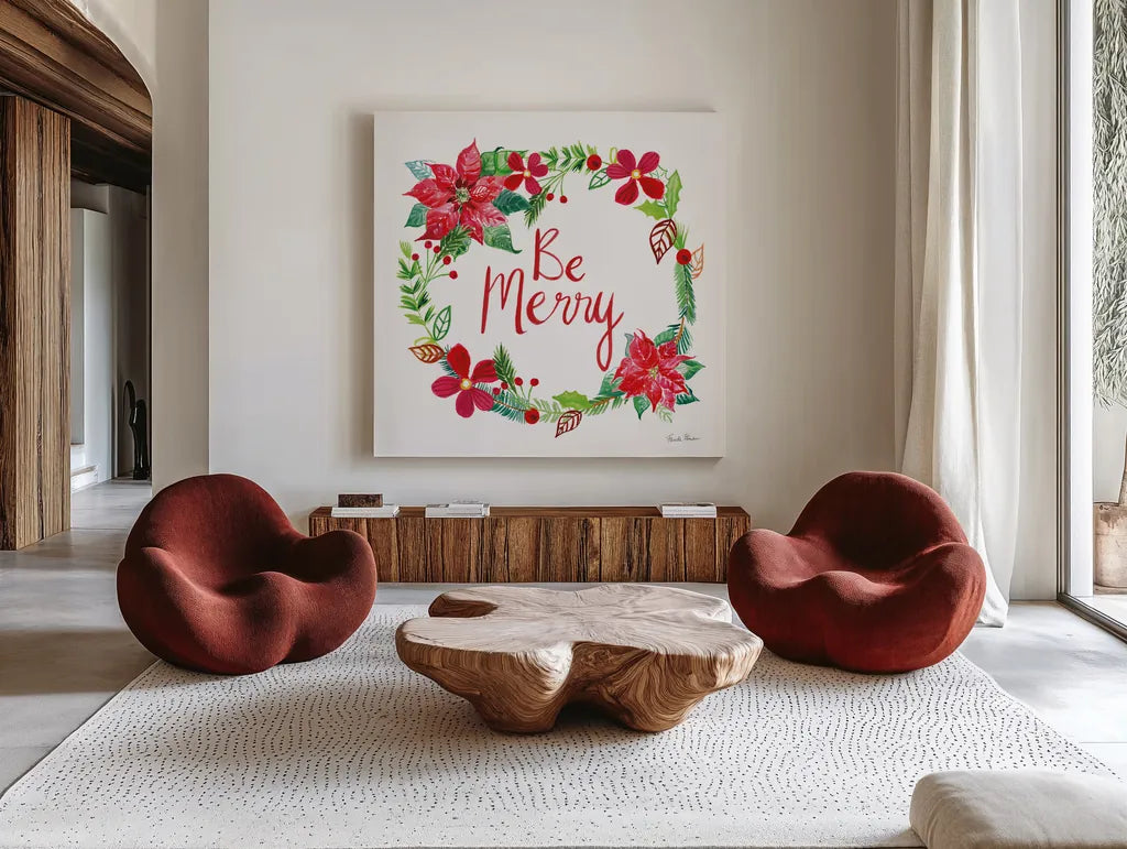 Holiday Wreath III by Farida Zaman. Shown as extra-large giant wall art in a modern living room. Available as an archival giclee rolled canvas, fine art paper, or poster print. SKU 39792a.