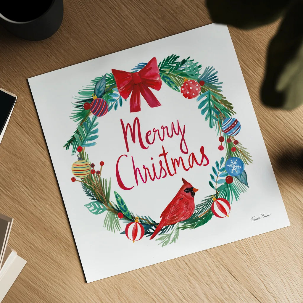 Holiday Wreath IV by Farida Zaman. Shown as a detailed flat fine art print, highlighting archival giclee quality. Available as an archival giclee rolled canvas, fine art paper, or poster print. SKU 39793a.